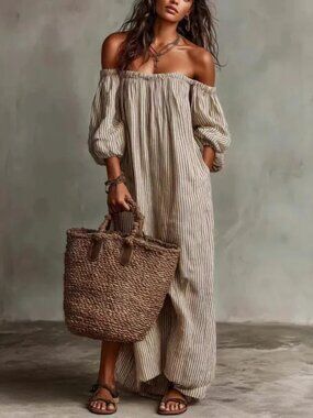 Casual Summer Dress Maxi Off Shoulder Stripes Cream Tan Pockets Women L